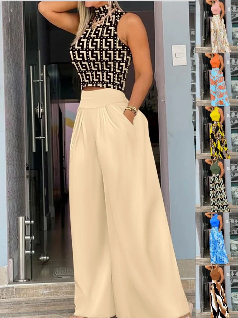 Women Print Two - piece Set, Smooth Sleeveless T-shirt, Wide Leg Pants, - Nitamoje