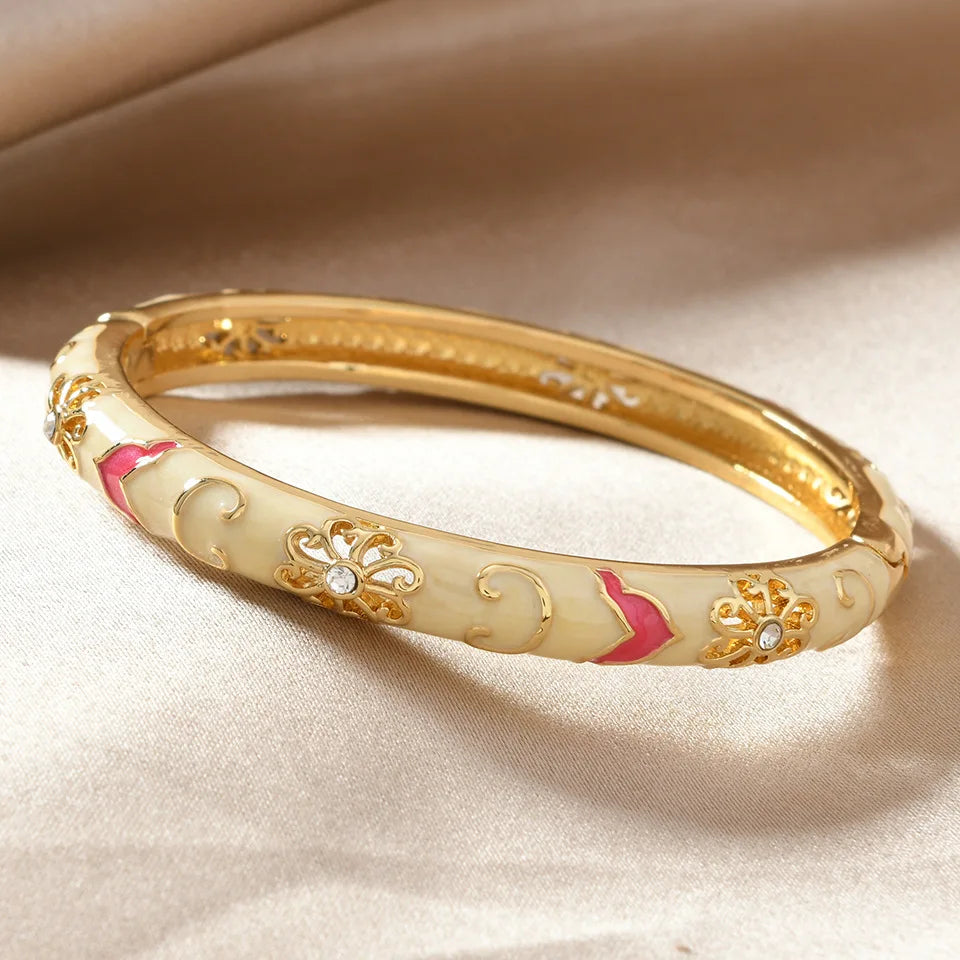 Ethnic Enamel Flower Cuff Bracelet | Gold Tone Stainless Steel Bangle for Women