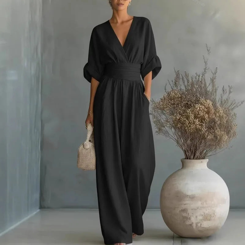 OL Style Solid High Waist Draped Jumpsuits Woman  Spring V Neck Wide Leg Trousers Overalls Casual Half Sve Rompers Outfit