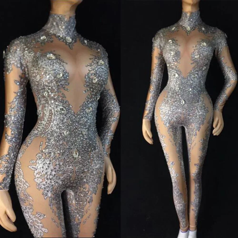 Silver Beading High Elasticity Women Jumpsuit Performance Party Celebrate Luxurious Shining Stage Drag Queen Costumes Pole Dance