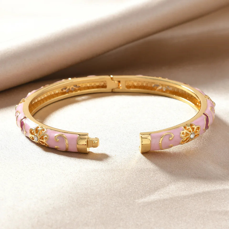 Ethnic Enamel Flower Cuff Bracelet | Gold Tone Stainless Steel Bangle for Women
