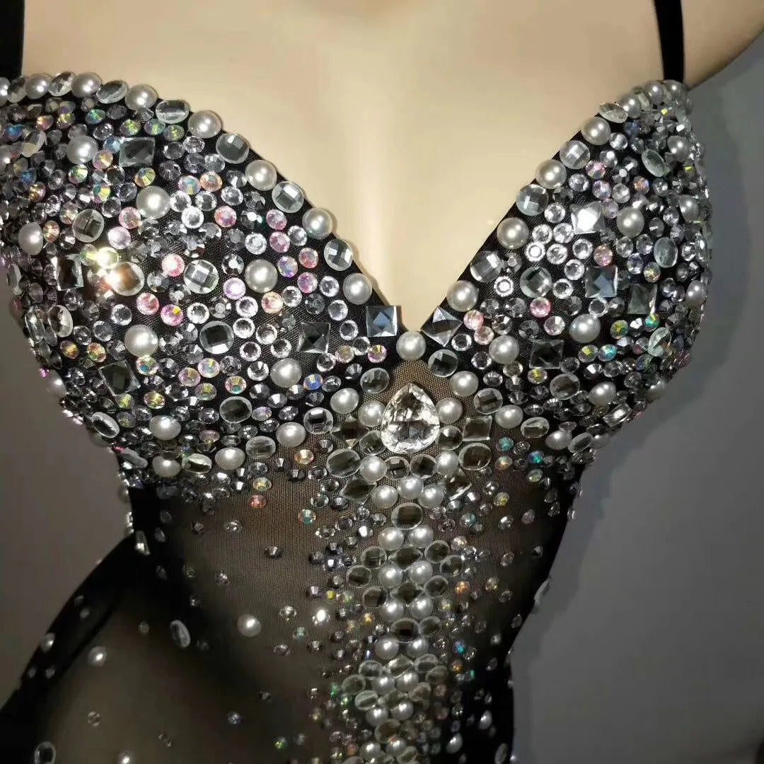 Pearl Strap Rhinestone Bodysuit Stage Leotard for Women