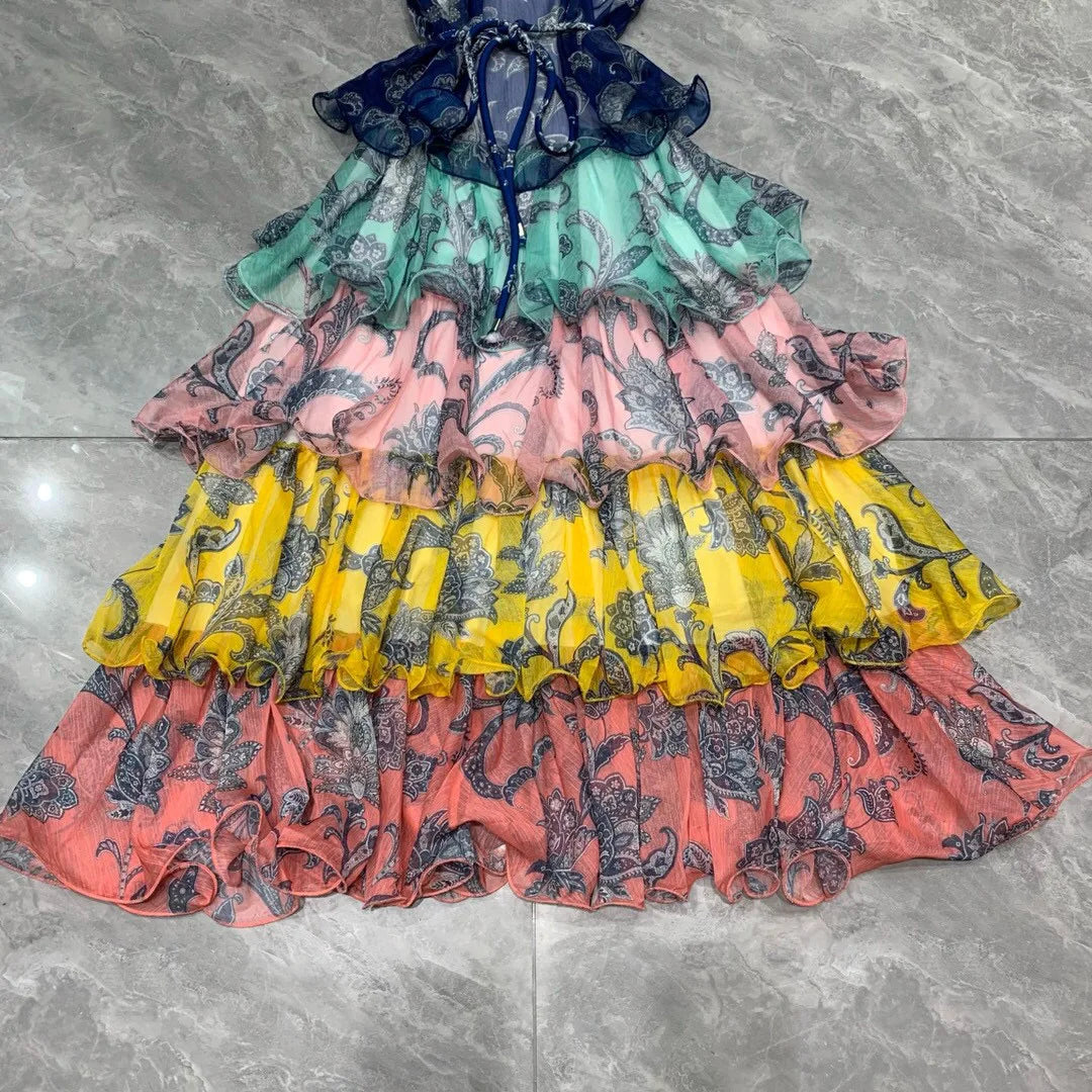Women's Sleeveless Tie-Waist Ruffle Tiered Midi Dress