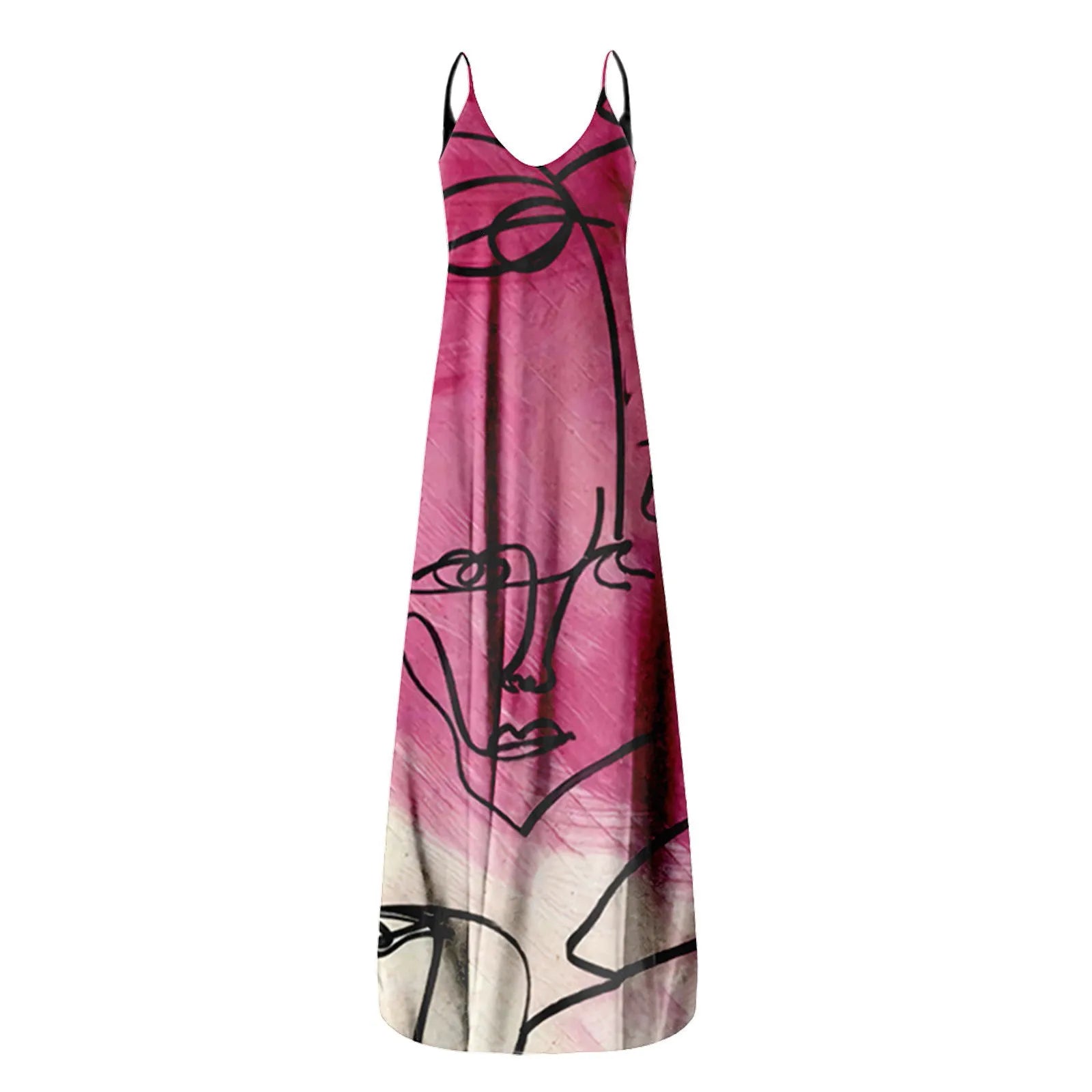 Women's Summer Strapless Long Dress With Abstract Face Digital Print