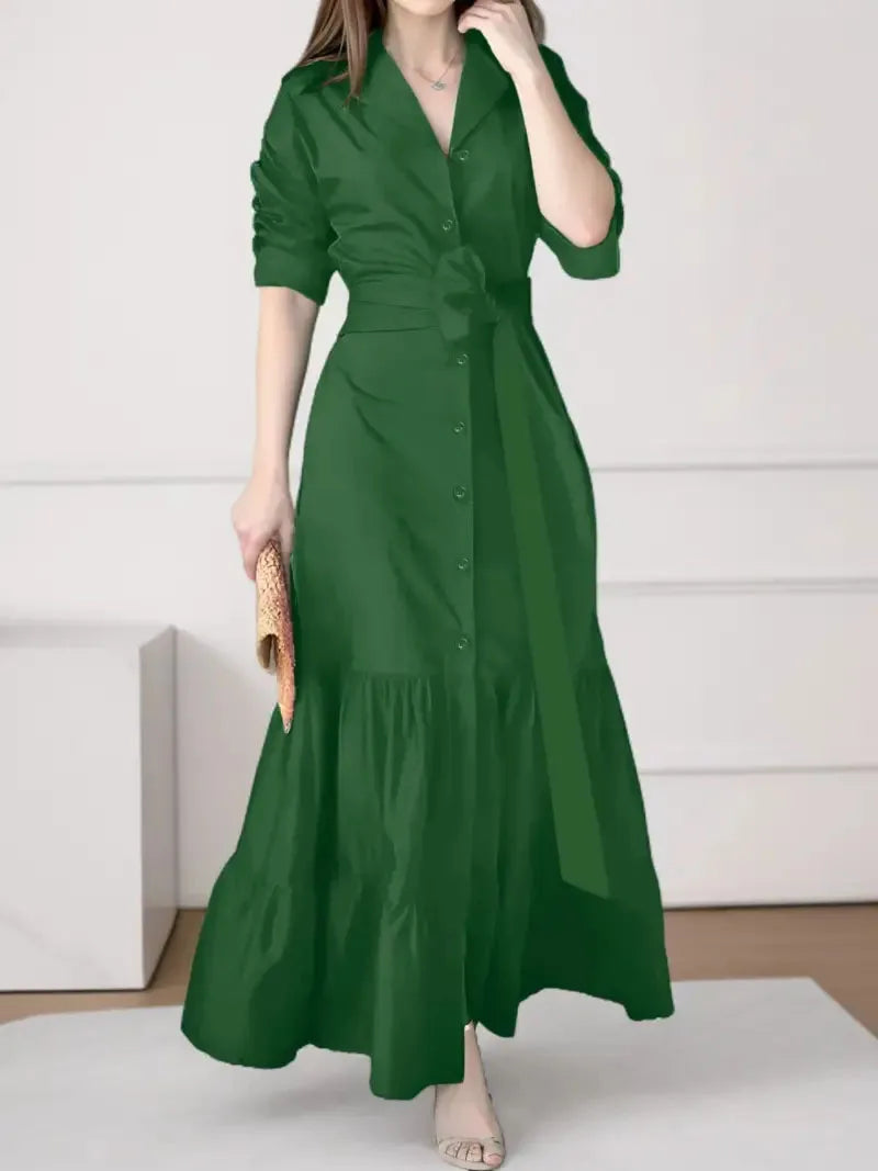 Women's Shirt Dress Suit Collar Fashion Button Belt Bow High Waist flattering and Elegant Office Skirt