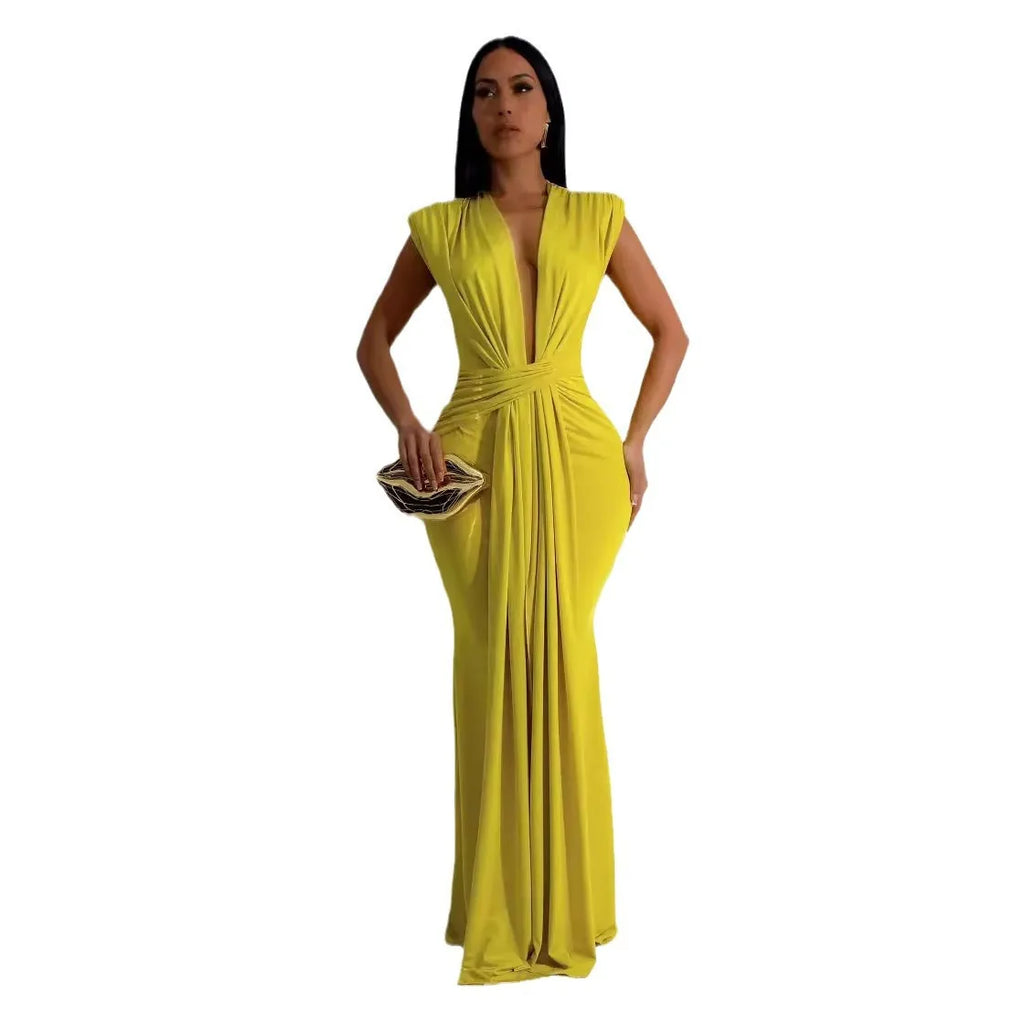 Dress Women Long Dresses Deep V Neck Sleeveless Solid flattering Fit Tight Waist elegant Elegant Splice Hip Wrap Temperament Vestidos