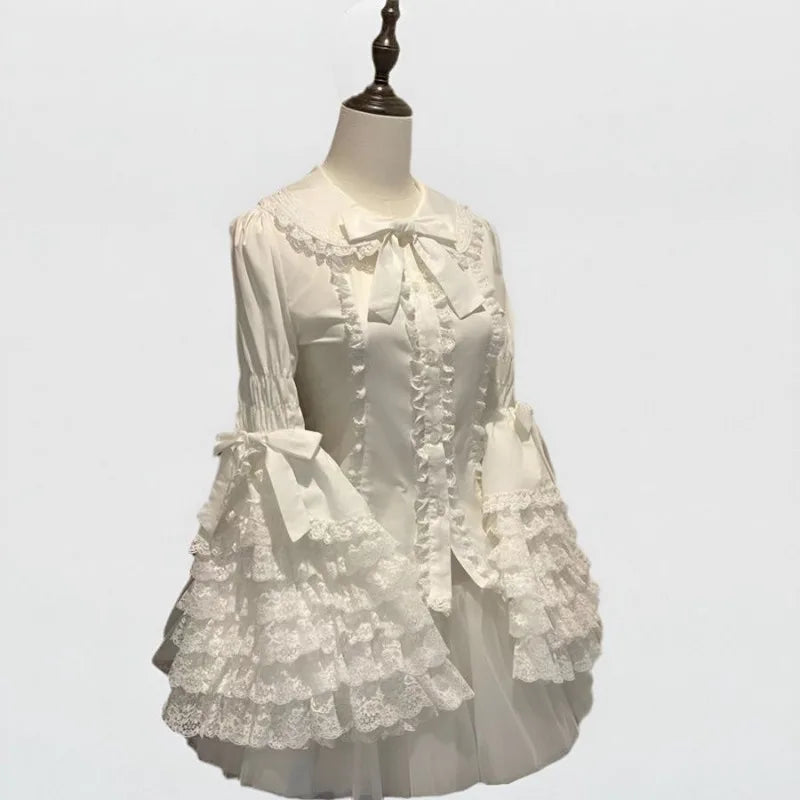 Lolita Blouse Women Y2k Gothic Peter Pan Collar Lace Bow Ruffles Tops Oversized Flare Sve Sweet Shirts JSK White Blouses