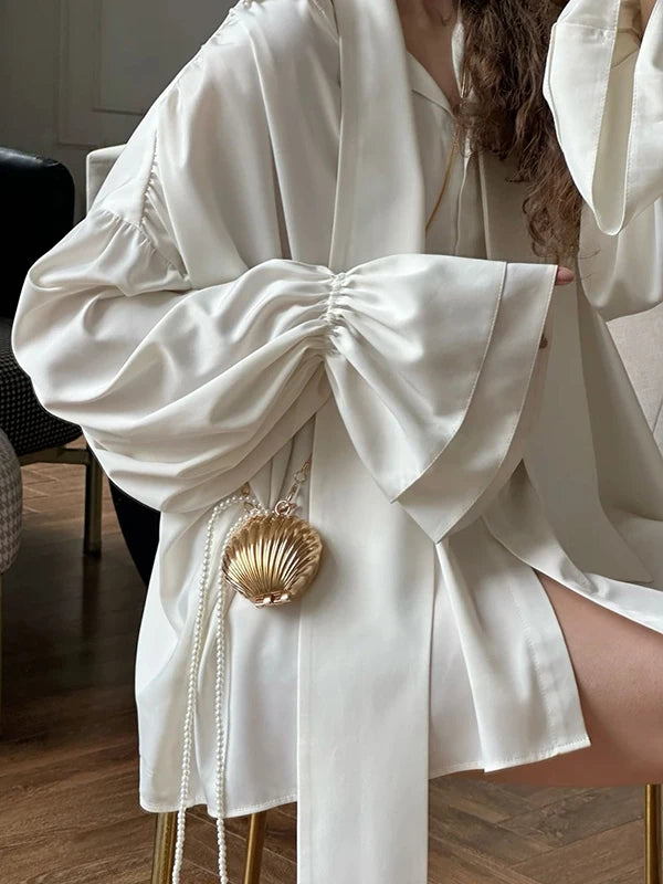 Satin Puff Sve Lapel Blouse with Scarf