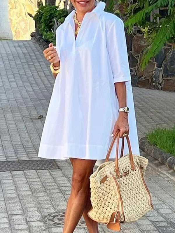Women Midi Shirts Dress  Short Sleeves Black and White Polka Dot Daily Casual Simple Female A-line Dresses