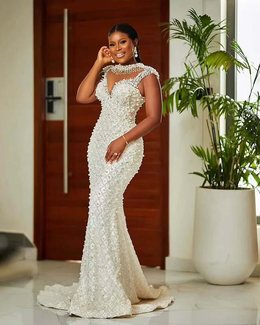 Luxury Pearl Beaded Mermaid Wedding Dress | Long Sleeve Plus Size Bridal Gown - Nitamoje