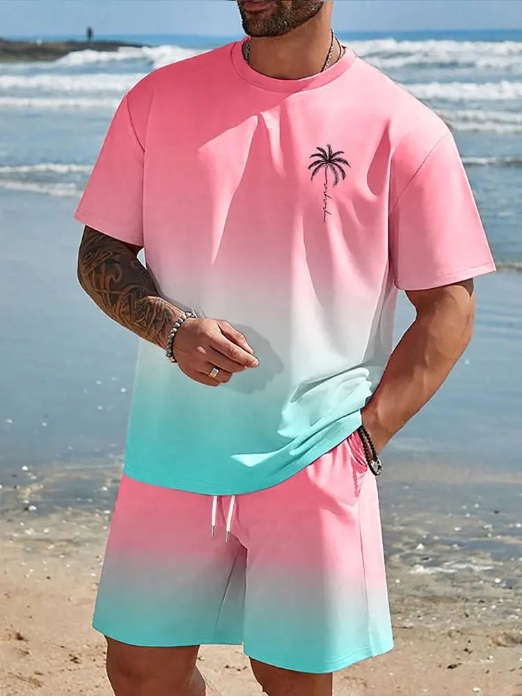 Men's Gradient Print Short Sleeve & Shorts Summer Set