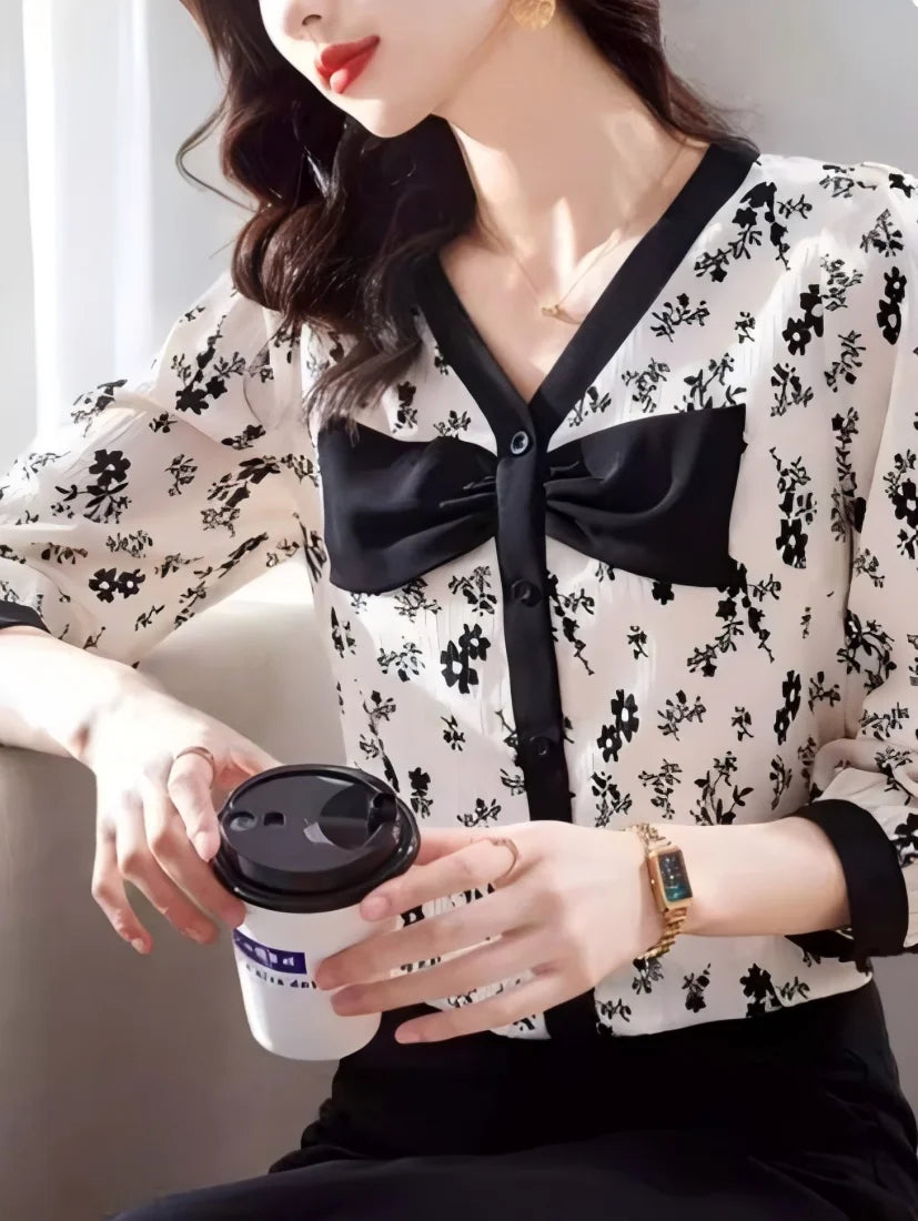 Floral V-Neck Bowknot Shirt Blouse