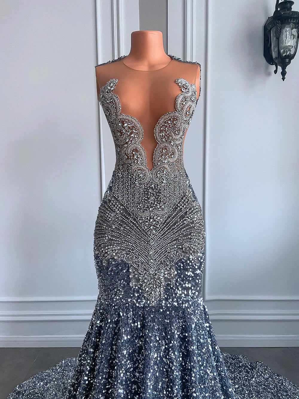Silver Crystal Sequin Mermaid Gown