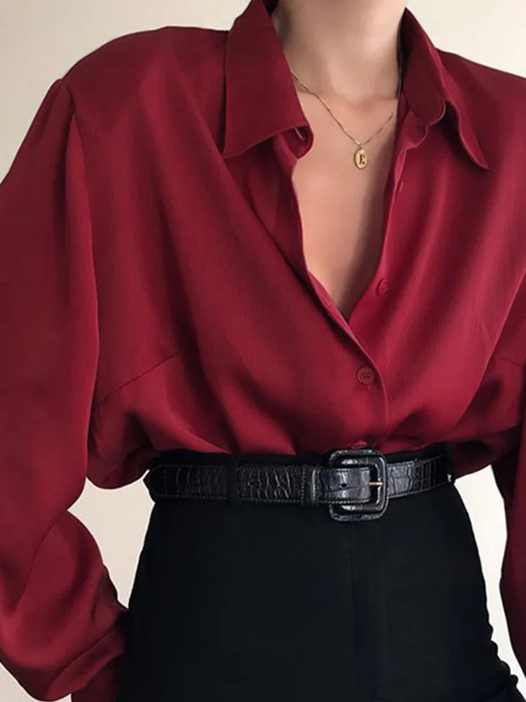 Women Button Blouses Turn Down Collar Shirts Office Lady Long Sve Casual Blouse Loose OL Shirt Baggy Tops Red/Wine Red /Black