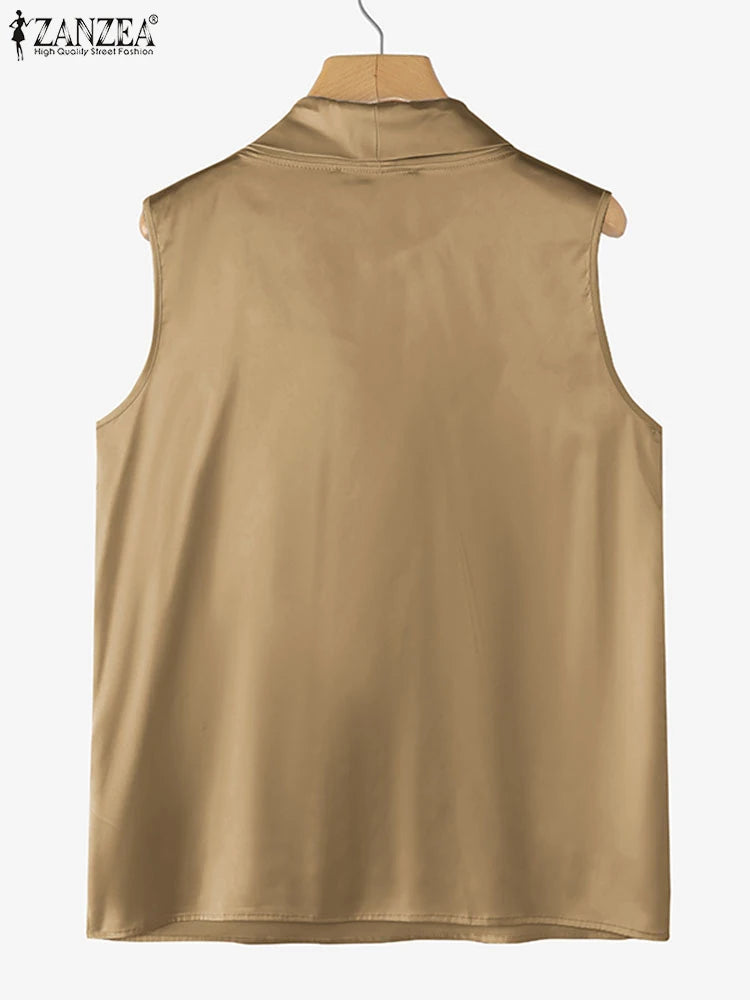 Elegant Bow Tie Blouse | Satin Sleeveless Solid Color Half High Collar Casual Fashion Shirt