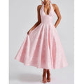 Deeptown Elegant  Evening Party Dresses Women Korean Style Halter V-neck Dress Sweet Backless Yellow Summer Solid Midi Dress