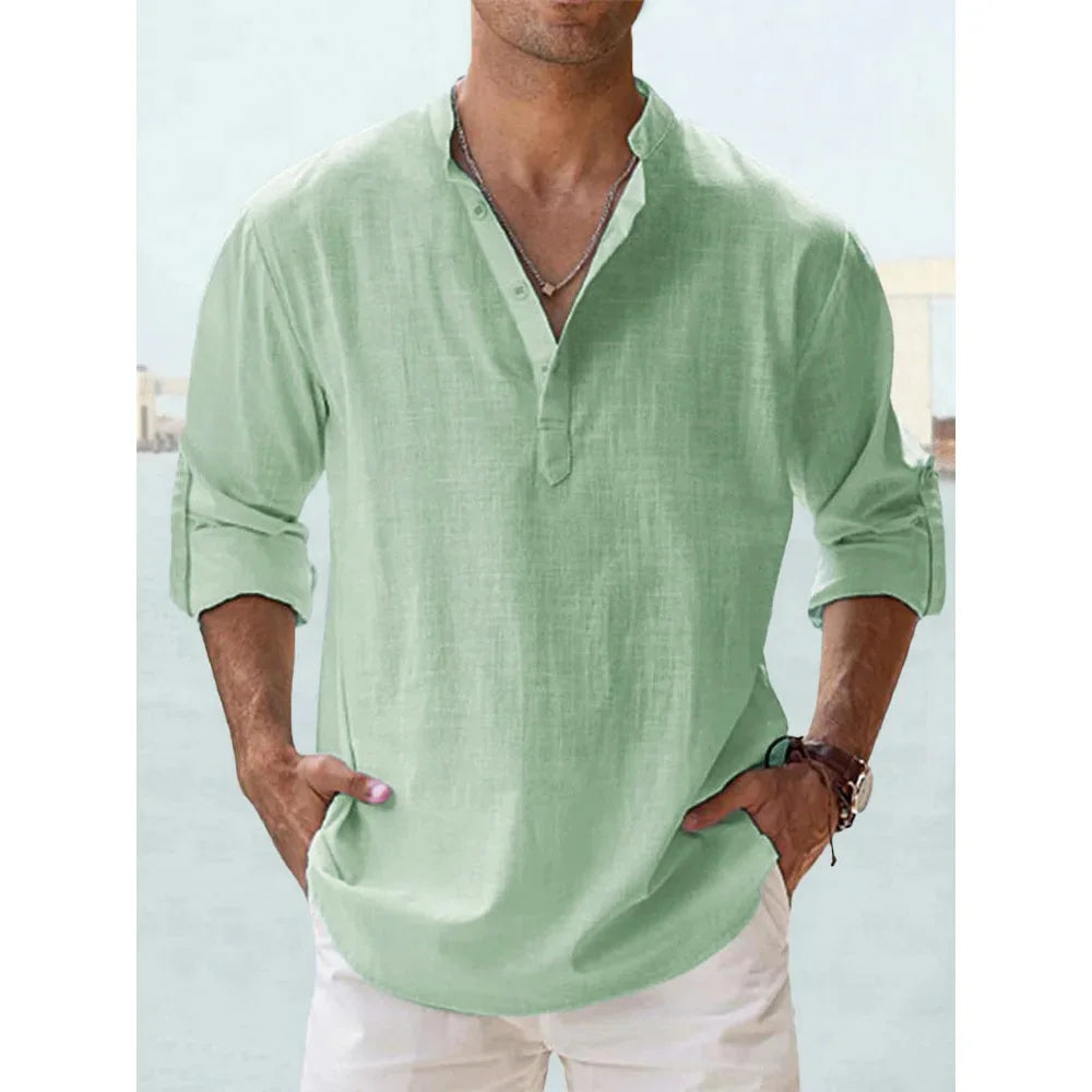 Men's Cotton Linen Short Sleeve Shirt | Solid Color Henley Casual Beach Hawaiian Vacation
