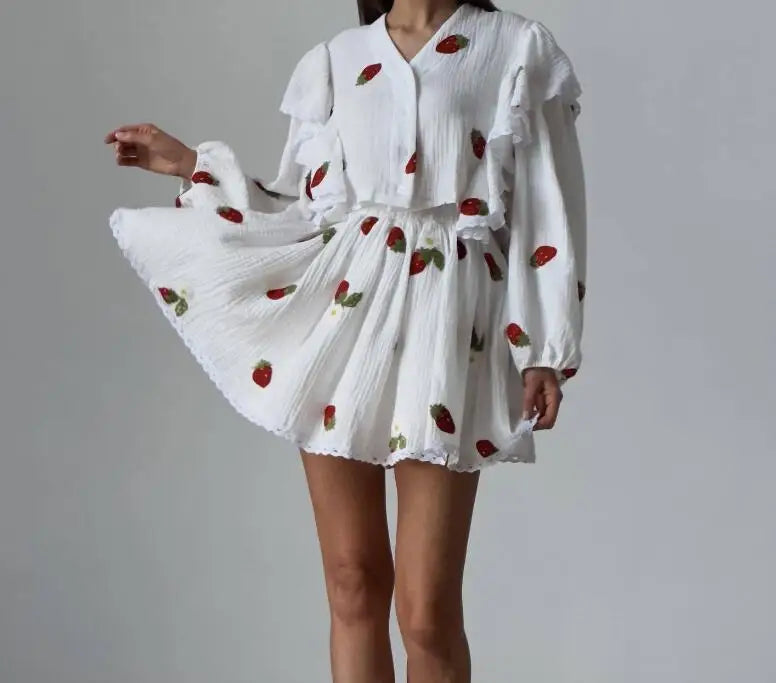 Ruffle Edge Long Sleeved Printed Shirt + Elastic Waist Short Skirt Set