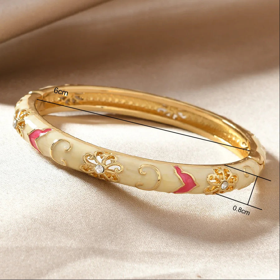 Ethnic Enamel Flower Cuff Bracelet | Gold Tone Stainless Steel Bangle for Women