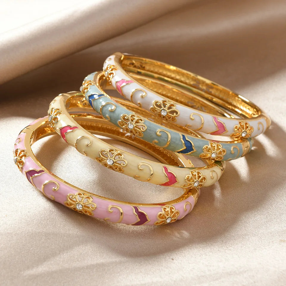 Ethnic Enamel Flower Cuff Bracelet | Gold Tone Stainless Steel Bangle for Women
