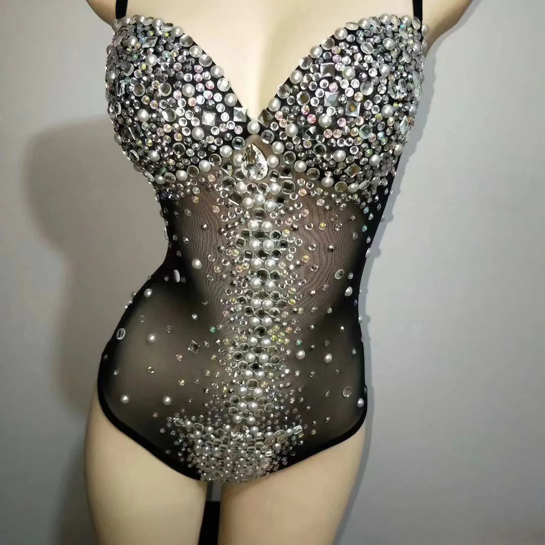 Pearl Strap Rhinestone Bodysuit Stage Leotard for Women