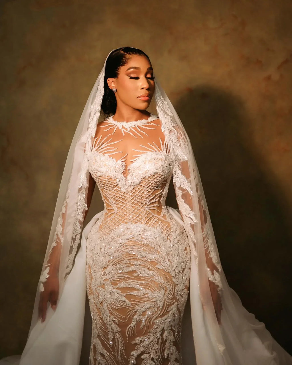 Plus Size Illusion Mermaid Wedding Dress | Beaded Sequined Lace Bridal Gown