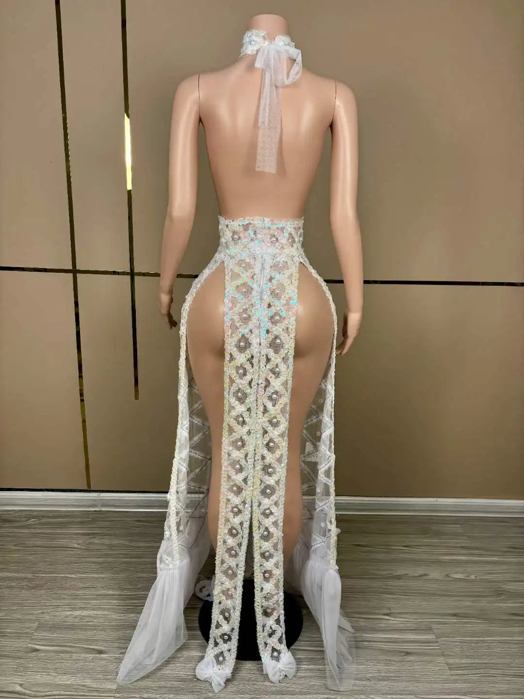 Pearl Embellished Open-Back Dance Costume Stage Wear