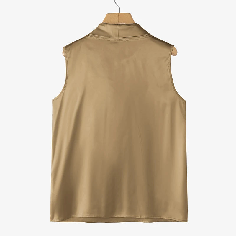Elegant Bow Tie Blouse | Satin Sleeveless Solid Color Half High Collar Casual Fashion Shirt