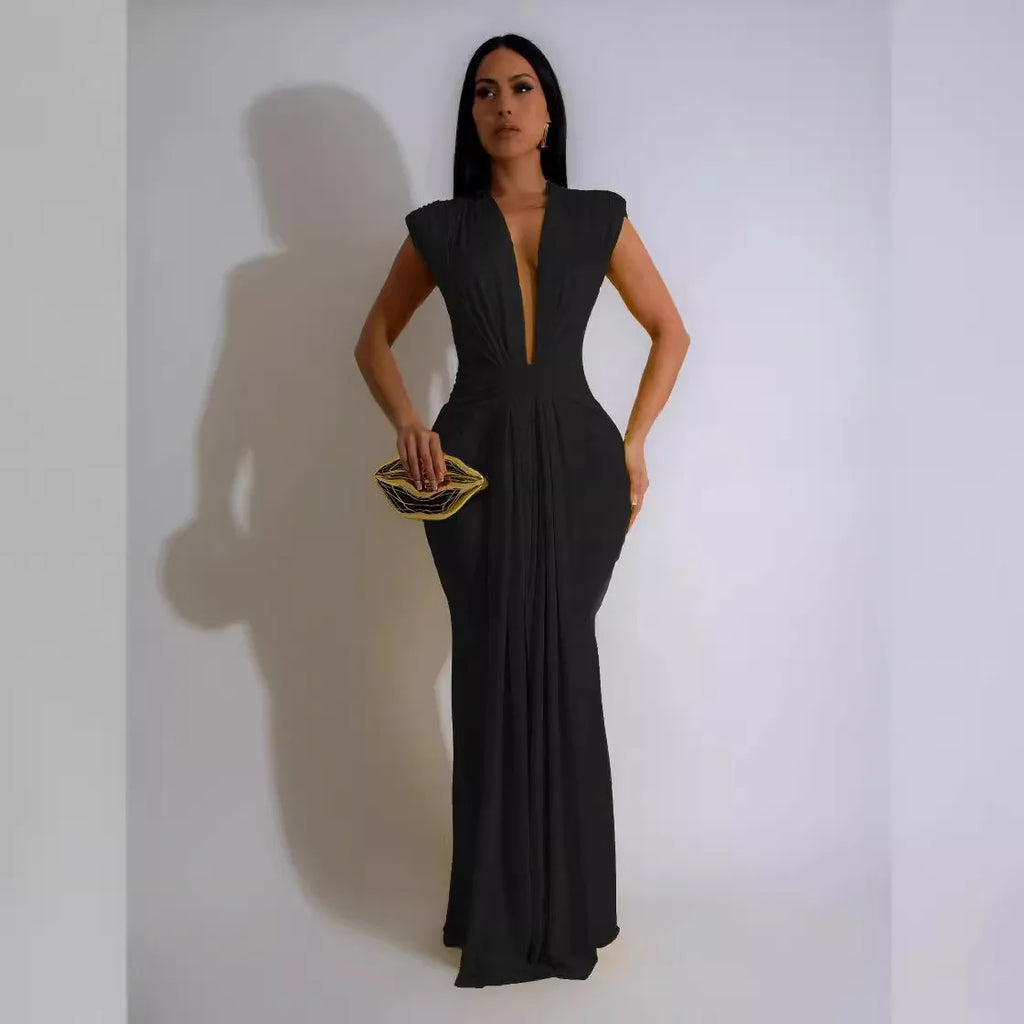 Dress Women Long Dresses Deep V Neck Sleeveless Solid flattering Fit Tight Waist elegant Elegant Splice Hip Wrap Temperament Vestidos
