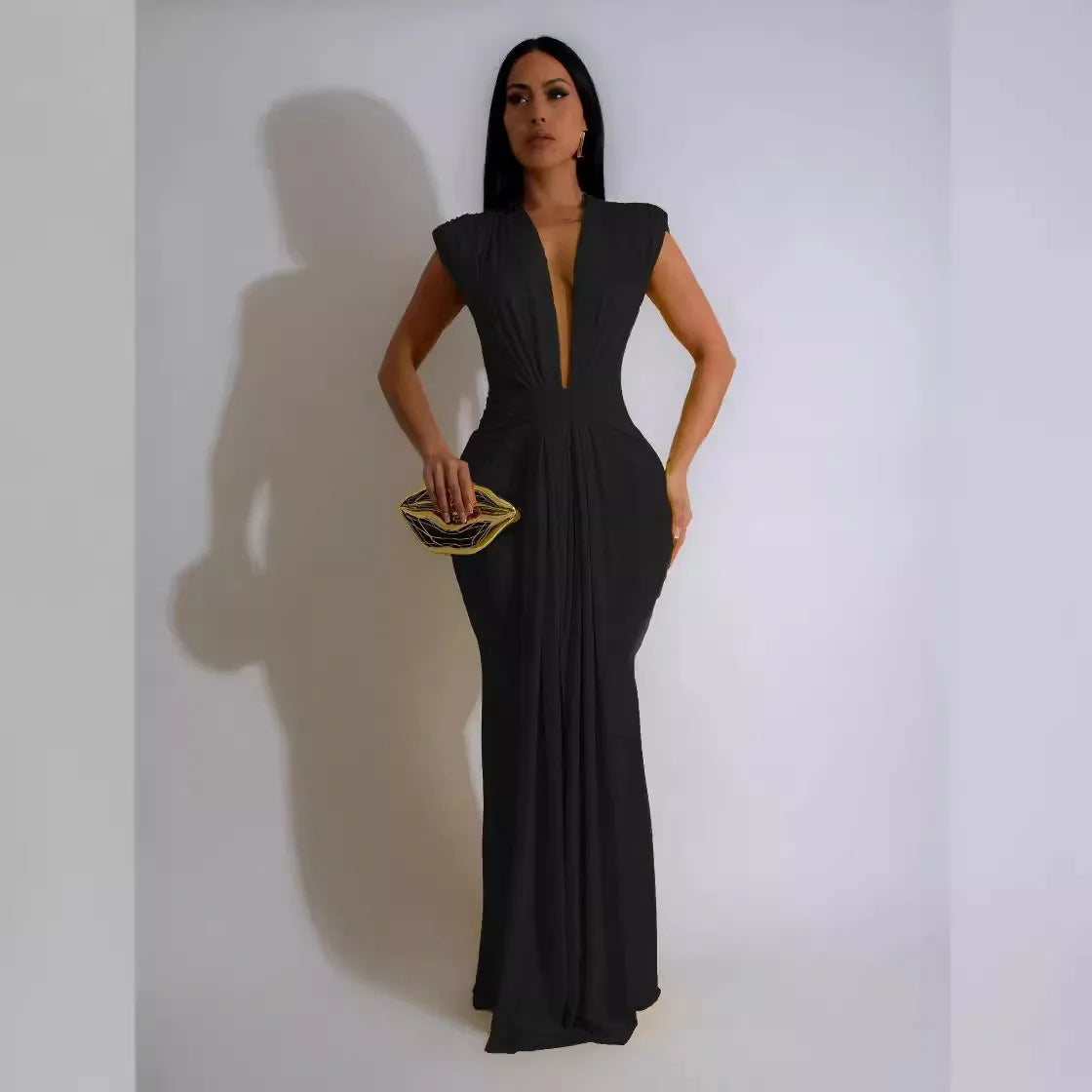 Dress Women Long Dresses Deep V Neck Sleeveless Solid flattering Fit Tight Waist elegant Elegant Splice Hip Wrap Temperament Vestidos