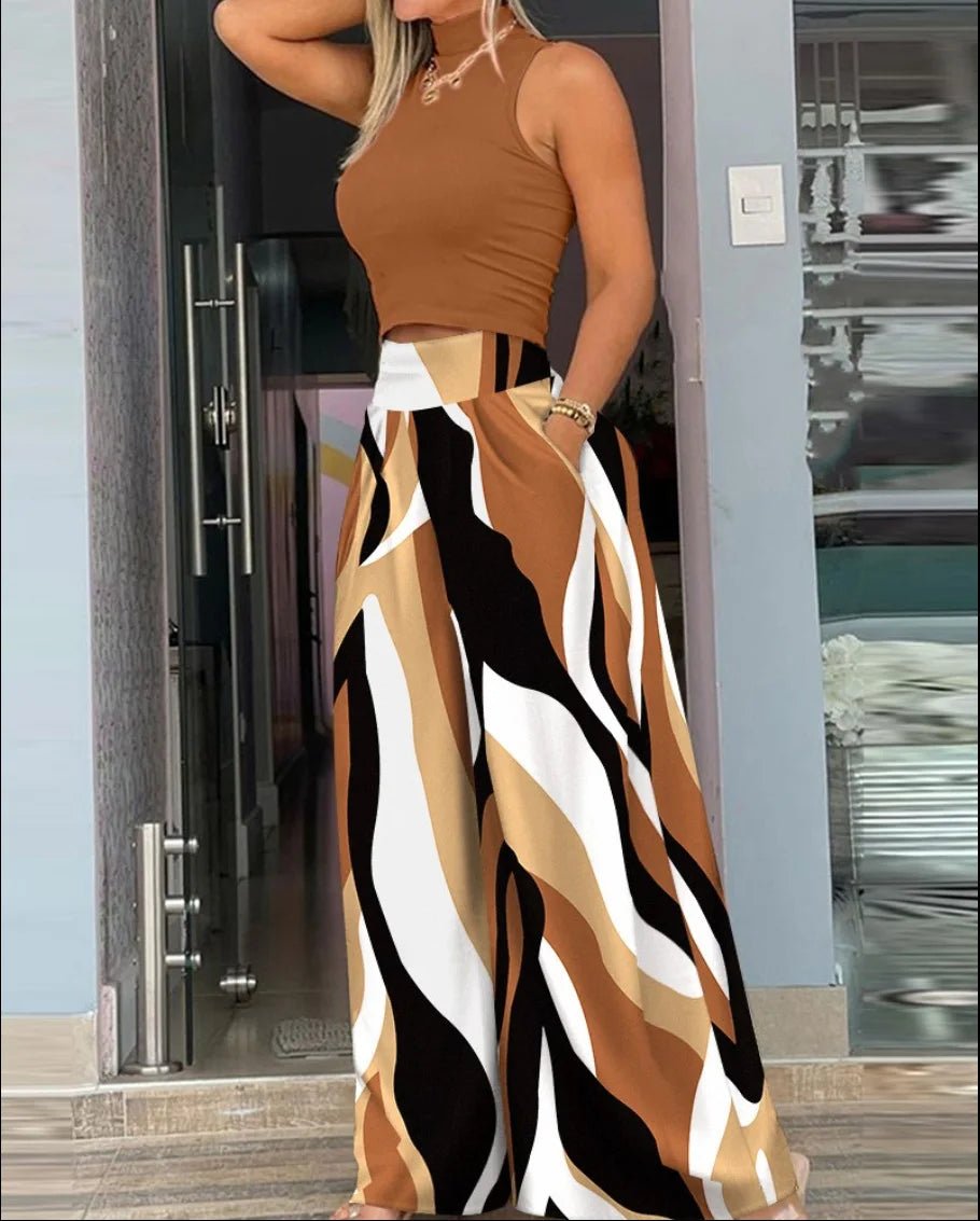 Women Print Two - piece Set, Smooth Sleeveless T-shirt, Wide Leg Pants, - Nitamoje