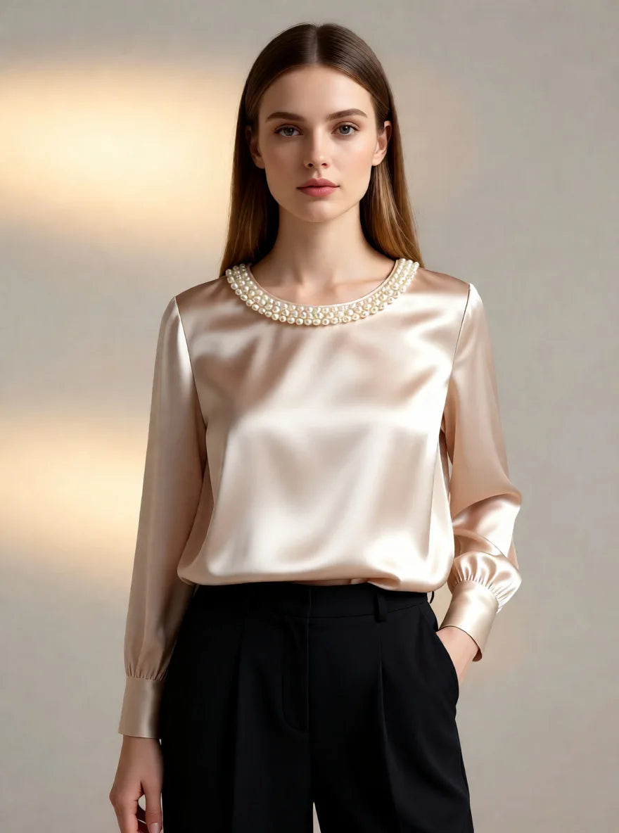Pearl O-Neck Satin Boho Blouse