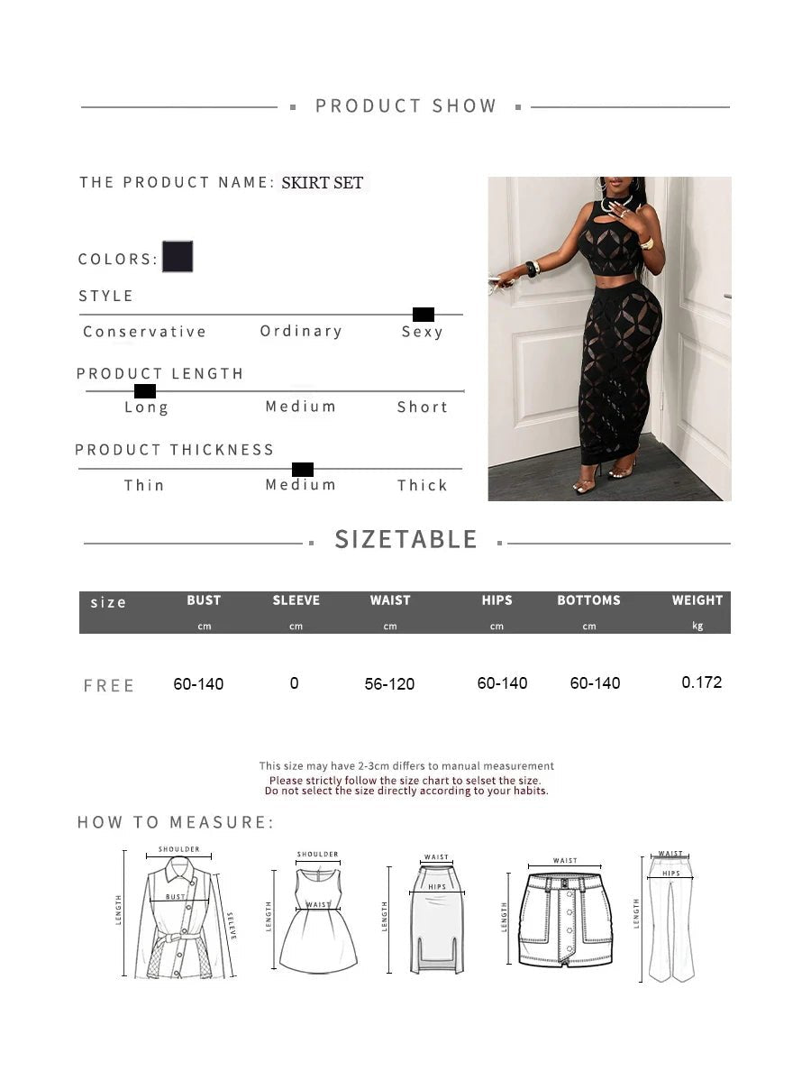 2PCS Plus Size Black Mesh Hollow Out Crop Tank & Bodycon Mini Skirt Set - Nitamoje