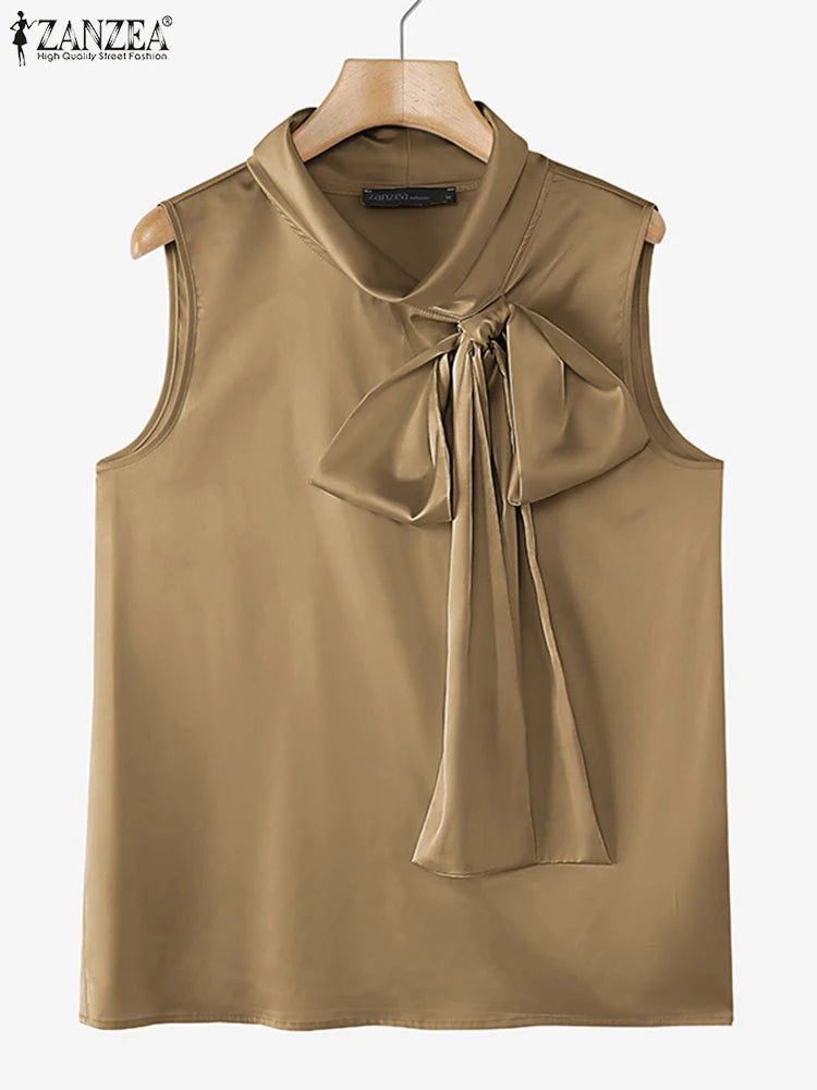 Elegant Bow Tie Blouse | Satin Sleeveless Solid Color Half High Collar Casual Fashion Shirt