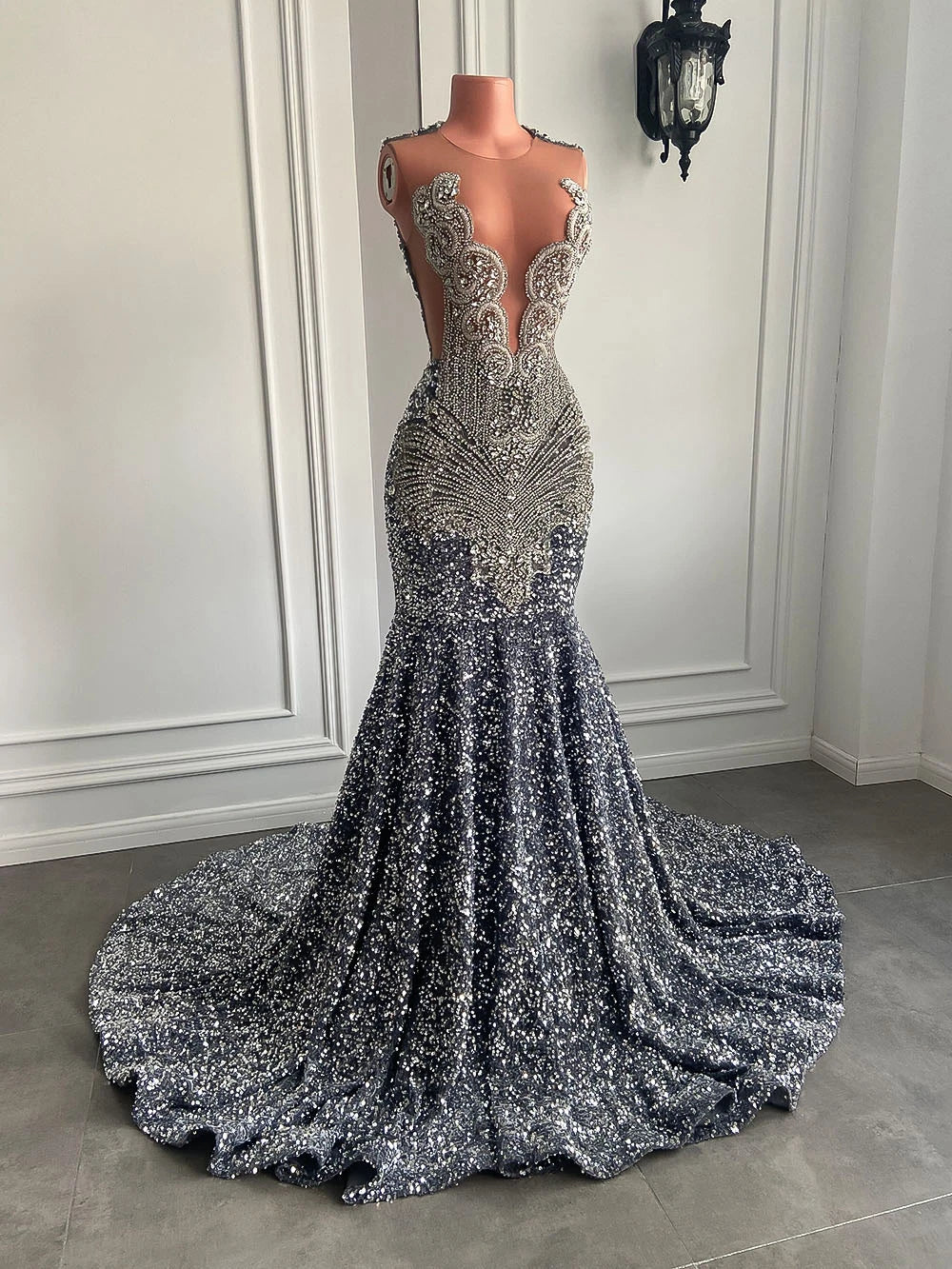 Silver Crystal Sequin Mermaid Gown
