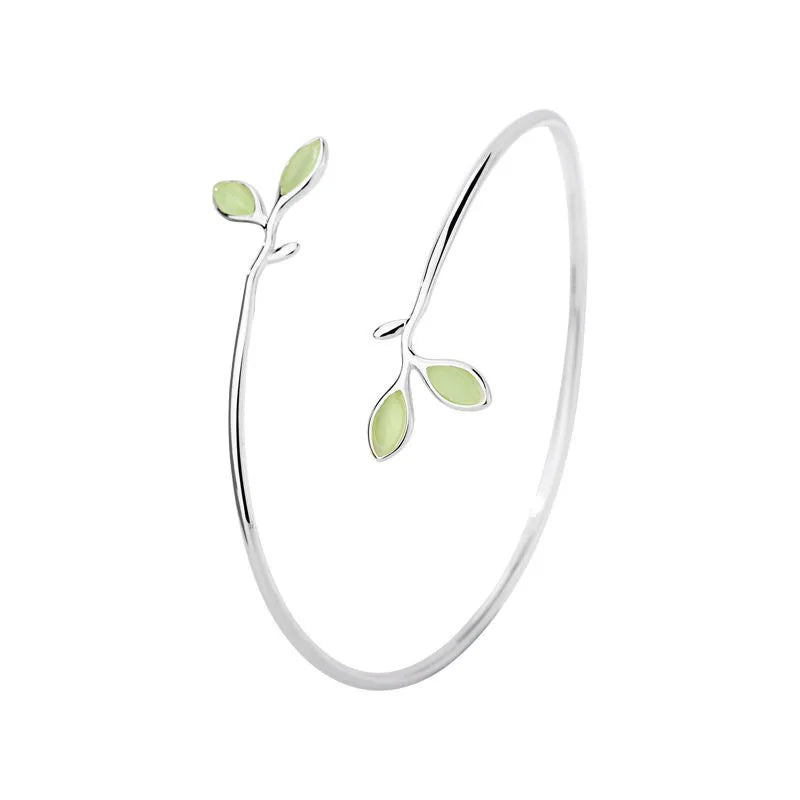 Silver-Tone Opal Leaf & Branch Cuff Bangle | Nature-Inspired Bracelet for Women