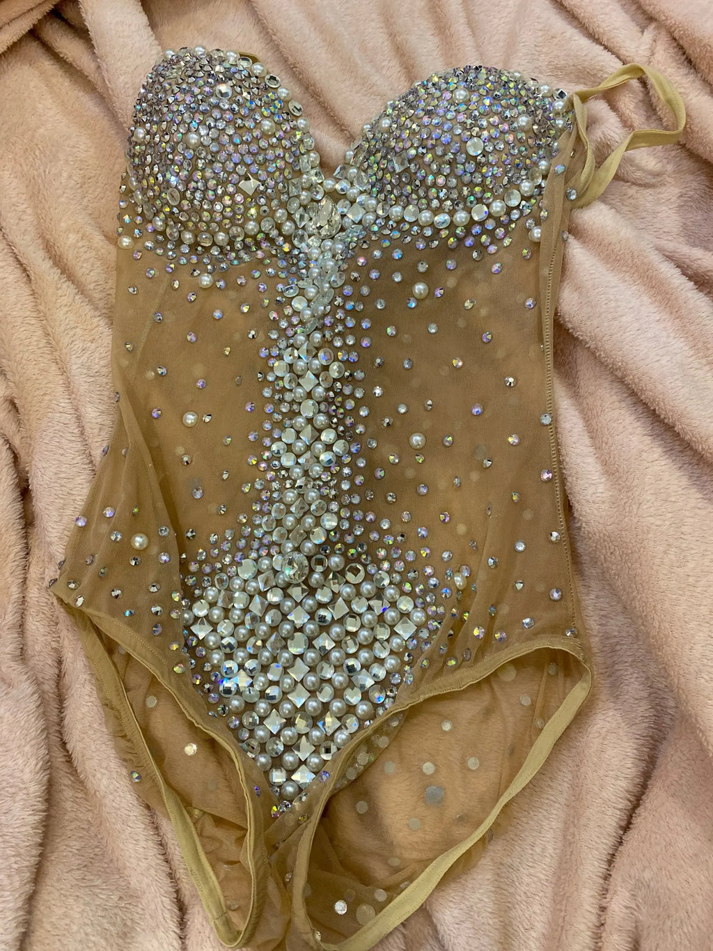 Pearl Strap Rhinestone Bodysuit Stage Leotard for Women