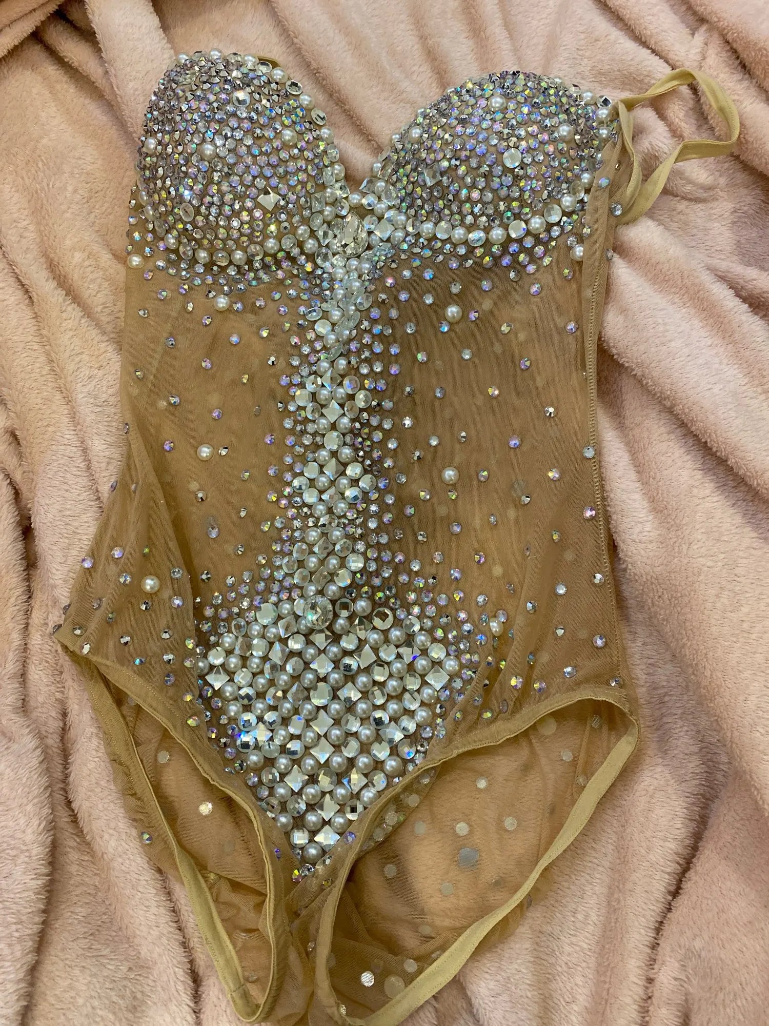 Pearl Strap Rhinestone Bodysuit Stage Leotard for Women