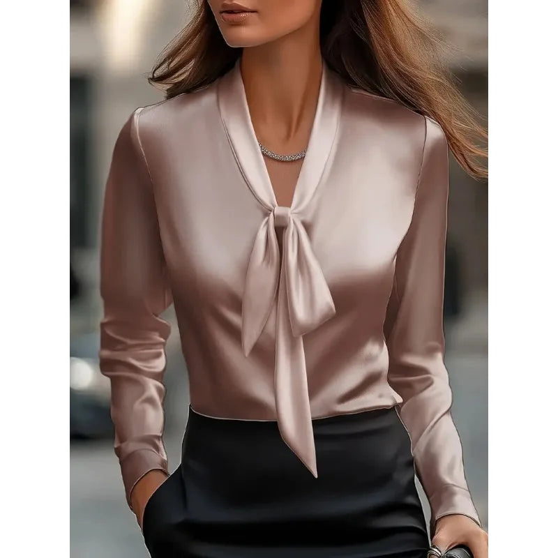 Elegant Solid Color Lace-up Blouse | Satin Long Sleeve Shirt for Women