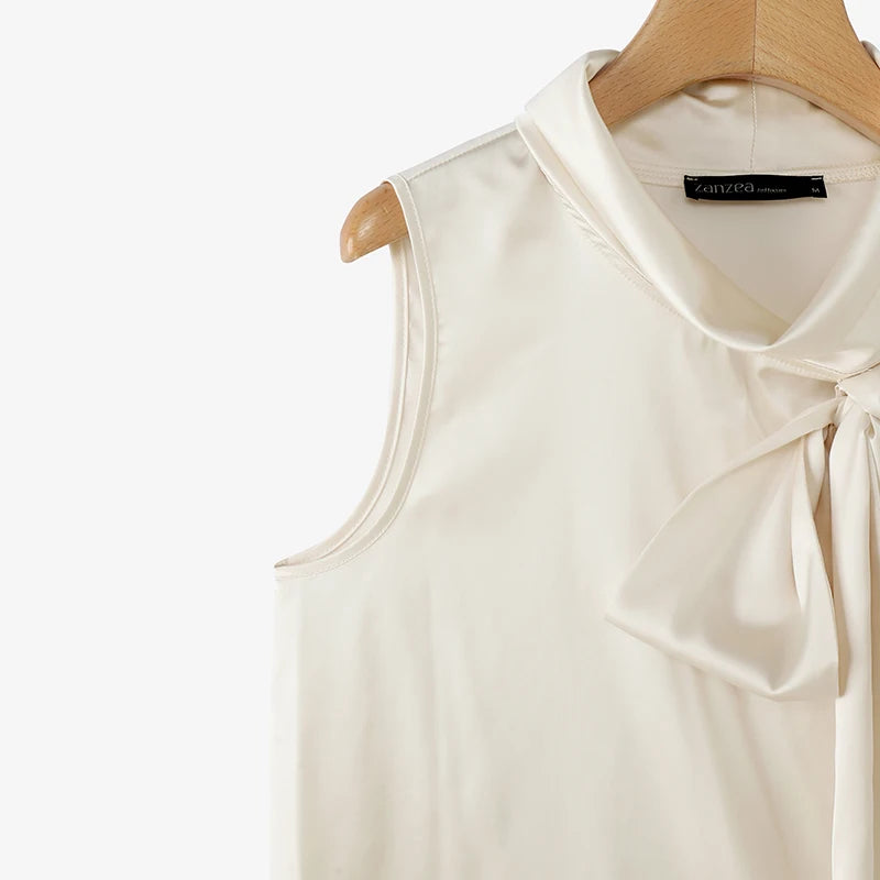 Elegant Bow Tie Blouse | Satin Sleeveless Solid Color Half High Collar Casual Fashion Shirt
