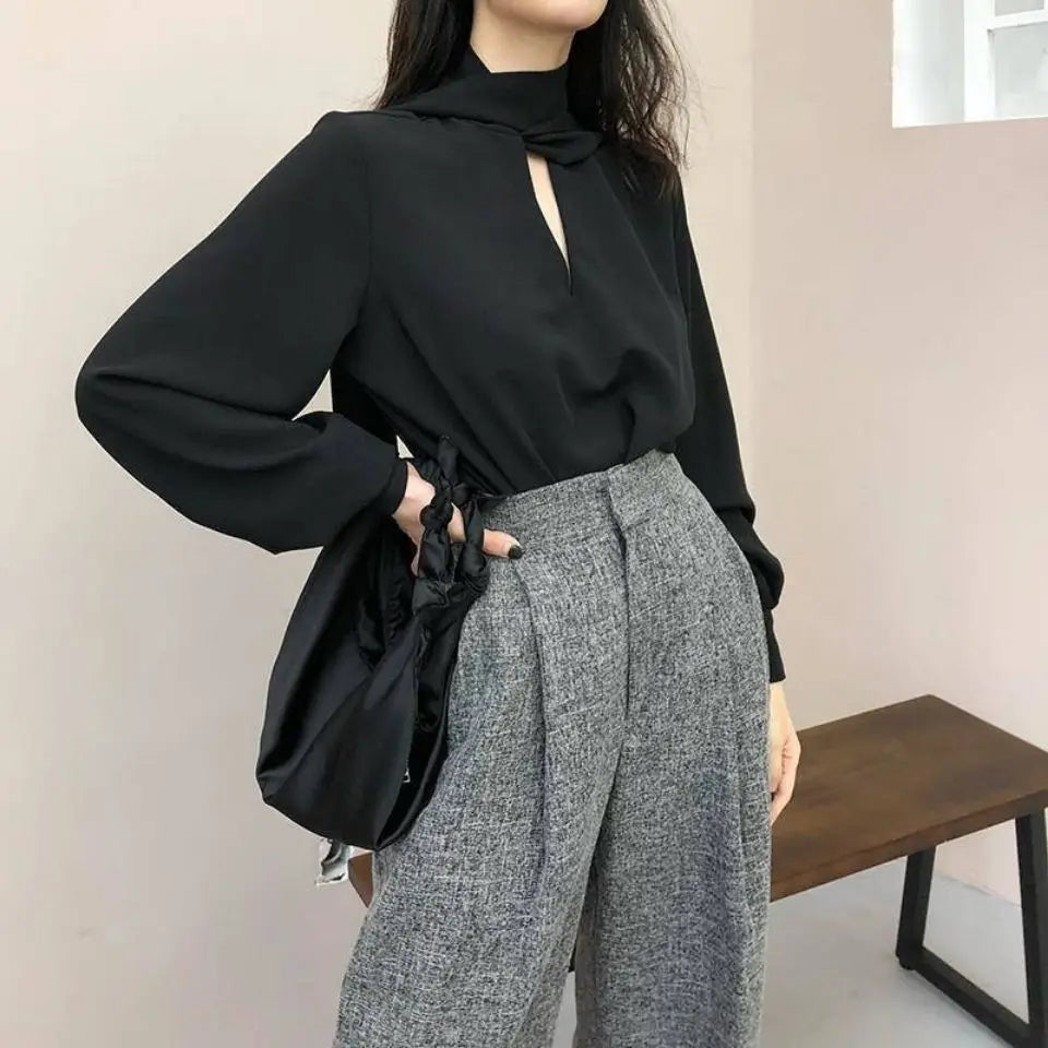 V-Neck Lace-Up Korean Office Blouse
