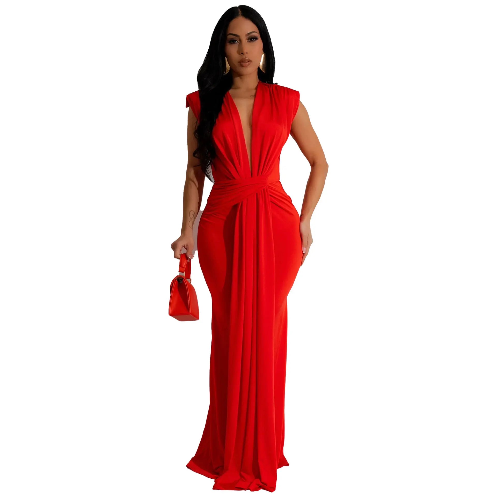 Dress Women Long Dresses Deep V Neck Sleeveless Solid flattering Fit Tight Waist elegant Elegant Splice Hip Wrap Temperament Vestidos
