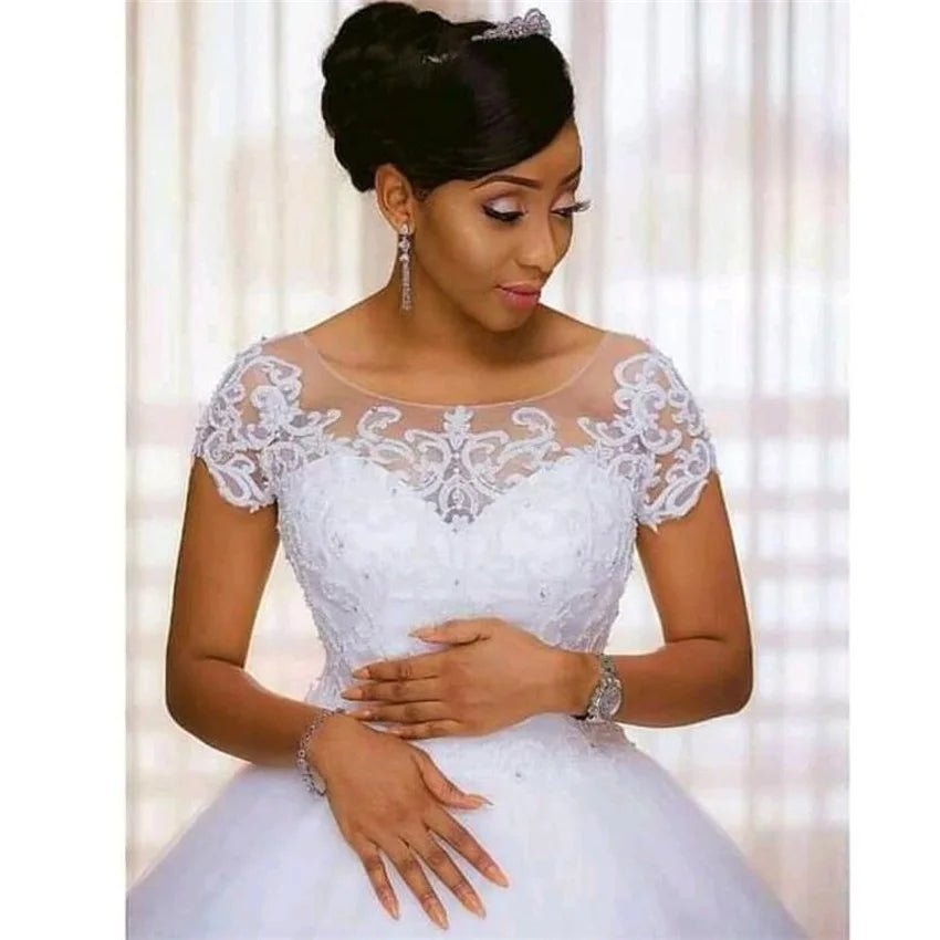 Vintage Lace African Beading Wedding Dress | Short Sleeve Bridal Gown - Nitamoje
