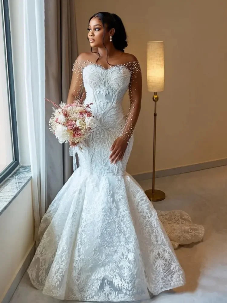 Mermaid Wedding Dress | Long Sleeve Beaded Lace Phantom Neck Bridal Gown