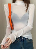 High-Neck Lace See-Through Long Sve Blouse