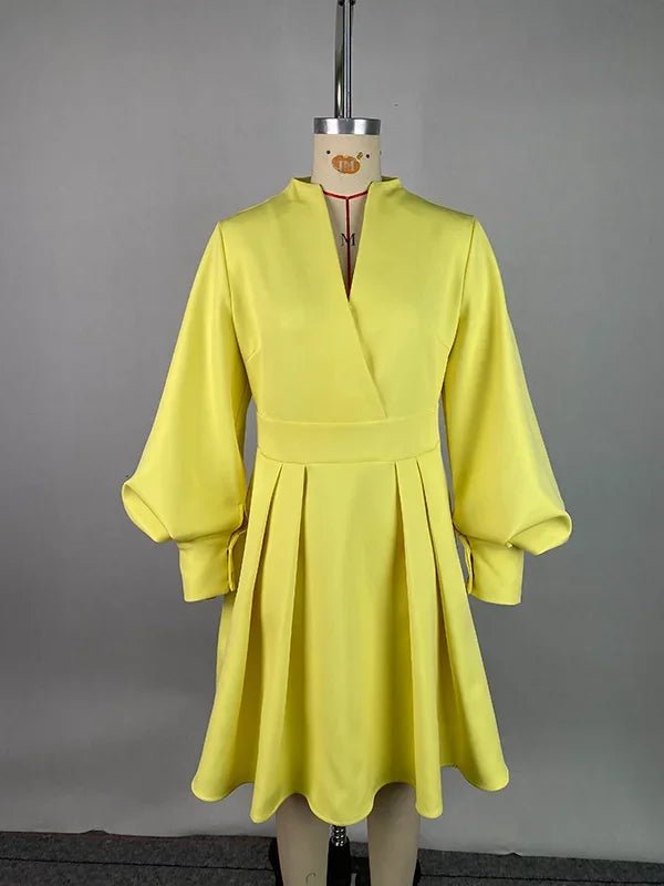 Gymystars Long Dresses with Sleeves Yellow Summer Dress Woman 2026 Fashion A - Line V - Neck Casual Pleated Party Mini Dress Female - Nitamoje
