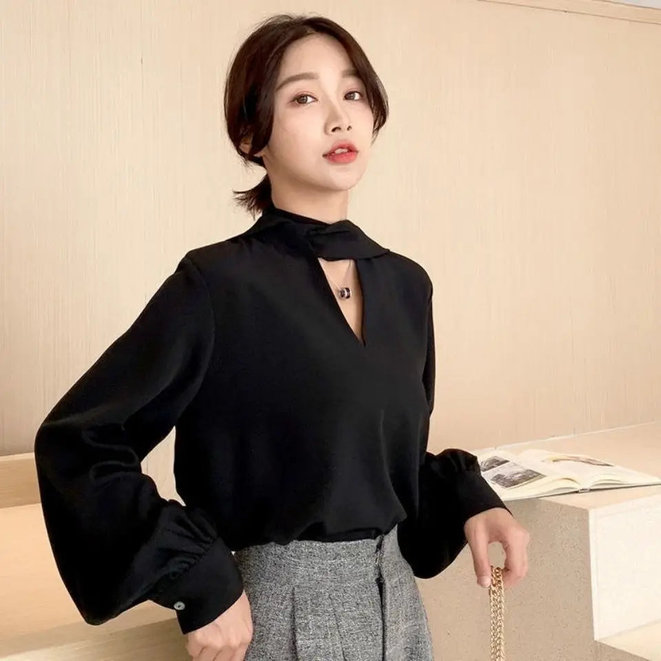 V-Neck Lace-Up Korean Office Blouse