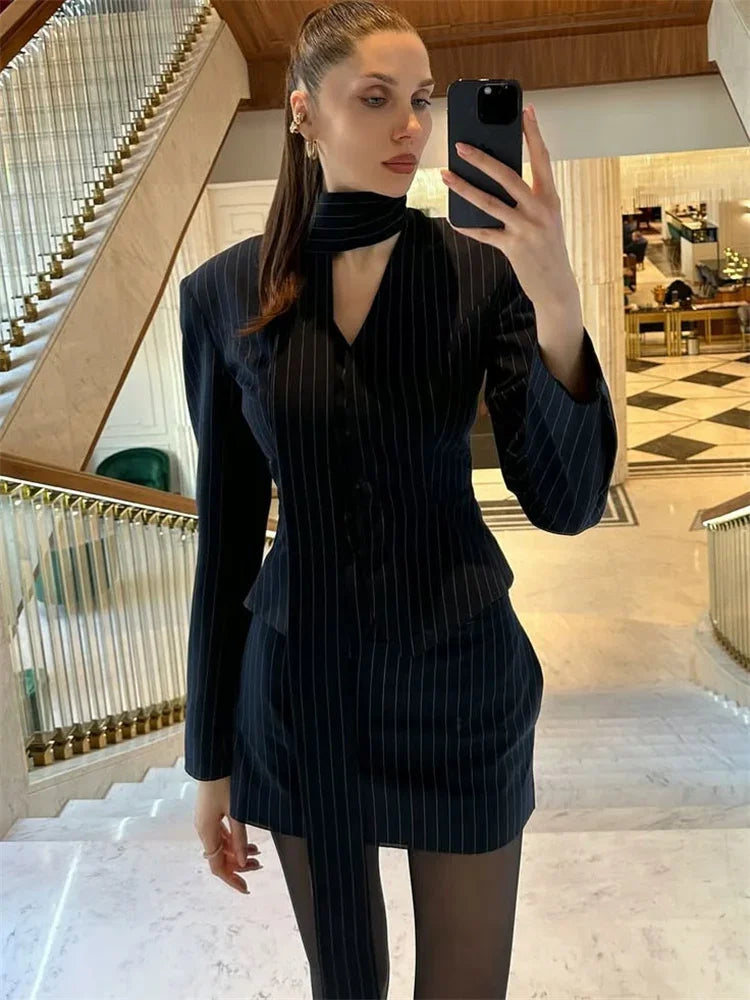 Women Short Dress Set Fashion Striped V-Neck Luxury Ribbon Blazer Skirt