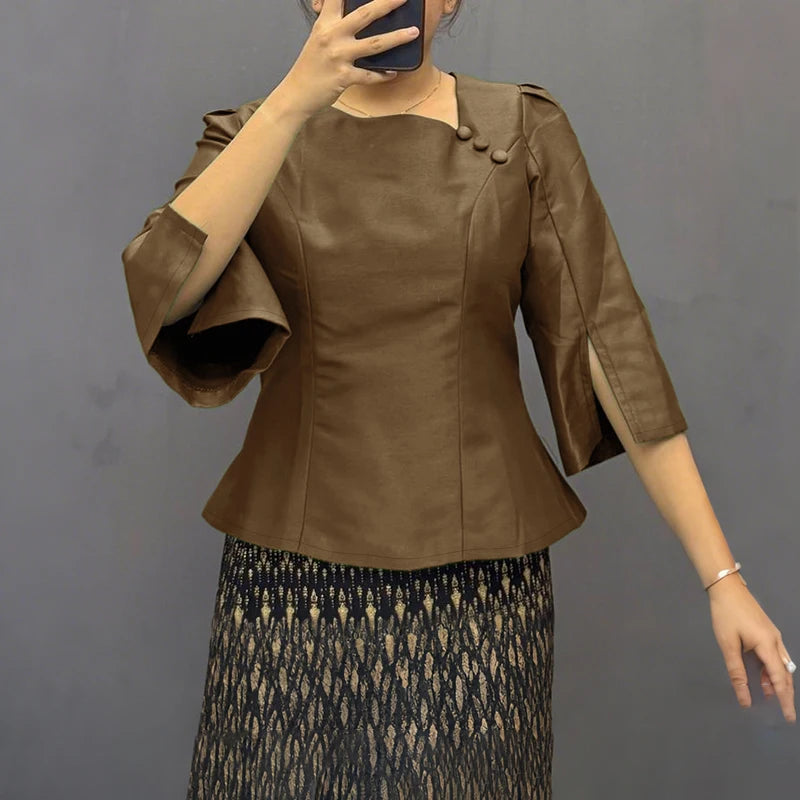 Elegant Office Lady Blouse | 3/4 Puff Sleeve Casual Solid Tunic Top | Loose Summer Shirt