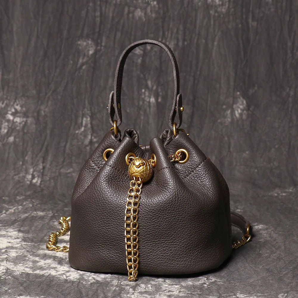 Metal Drawstring Genuine Leather Chain Bucket Bag - Nitamoje